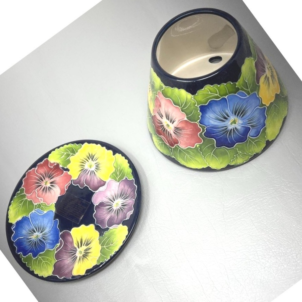 Vintage Blue Sky Flower Candle Lamp J McCall 2004 Colorful Pansies Shade Plate